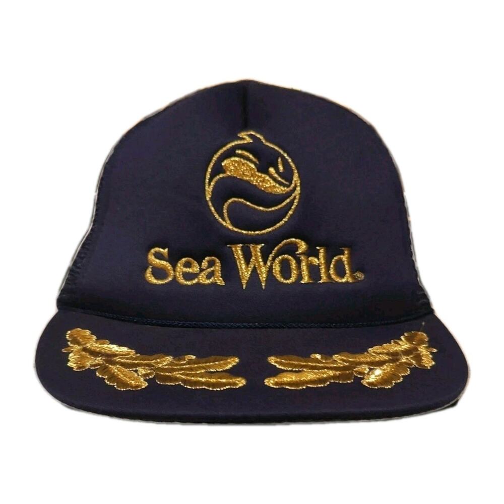 SeaWorld Hat Cap Trucker Hat Embroidered Gold Leaf Scrambled Eggs Mesh 80s VTG